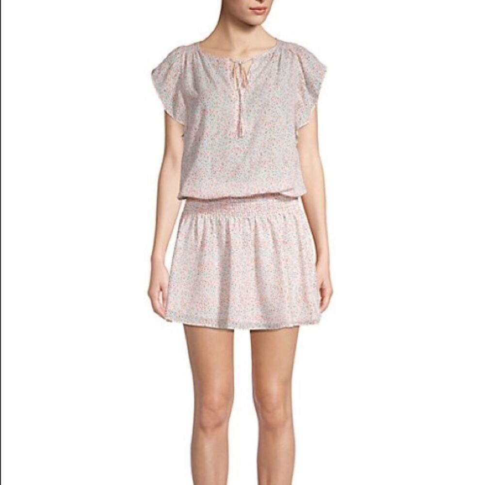 Parker New York Pink Dottie Print Silky Smocked Mini Dress Flutter Sleeve NWT - Picture 2 of 9